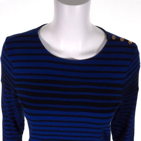 Charter Club Womens L Striped Blue & Black Pullover Top With Gold Button Accents - Picture 2 of 9